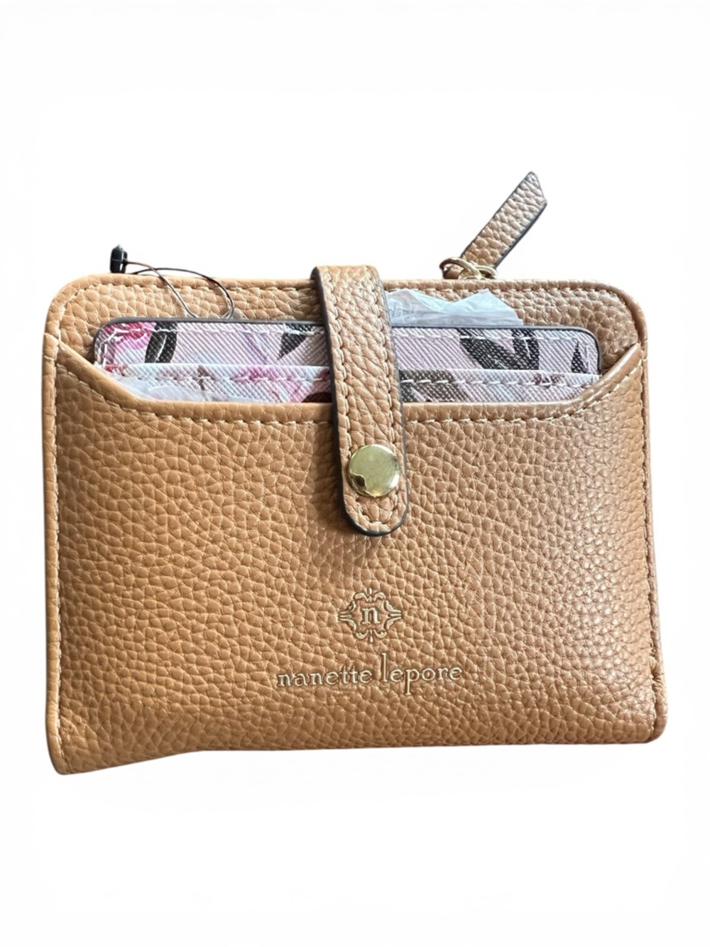 Nanette Lepore Tan Pebbled Leather Snap Zip Card Wallet NWOT Neutral Minimalist
